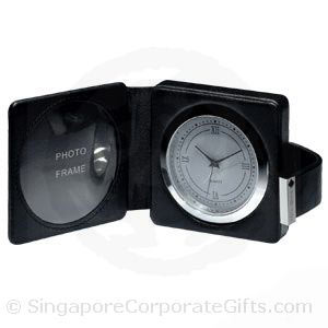 Designer Leather Travel Alarm Clock with Photoframe
