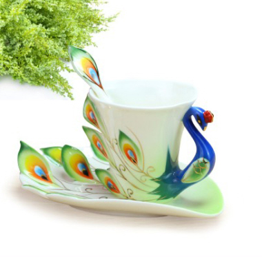 Peacock Porcelain Cup  with Saucer and Spoon